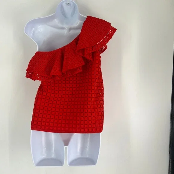 J.Crew Womens Red Eyelet One Shoulder Ruffle Top Size 00 Asymmetrical Summer - Picture 2 of 9